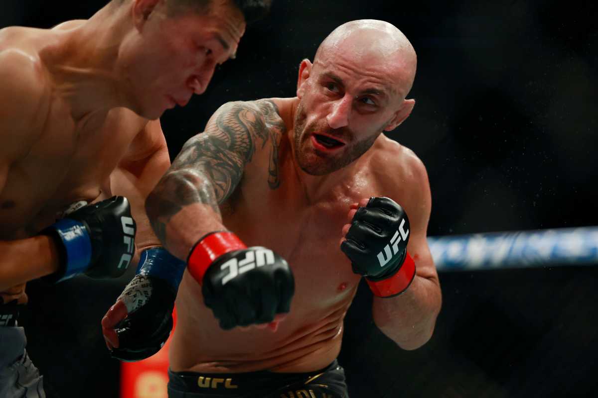 Alexander Volkanovski connects in the second round against Chan Sung Jung, aka The Korean Zombie, Saturday, April 9, 2022 during UFC 273 at VyStar Veterans Memorial Arena in Jacksonville.