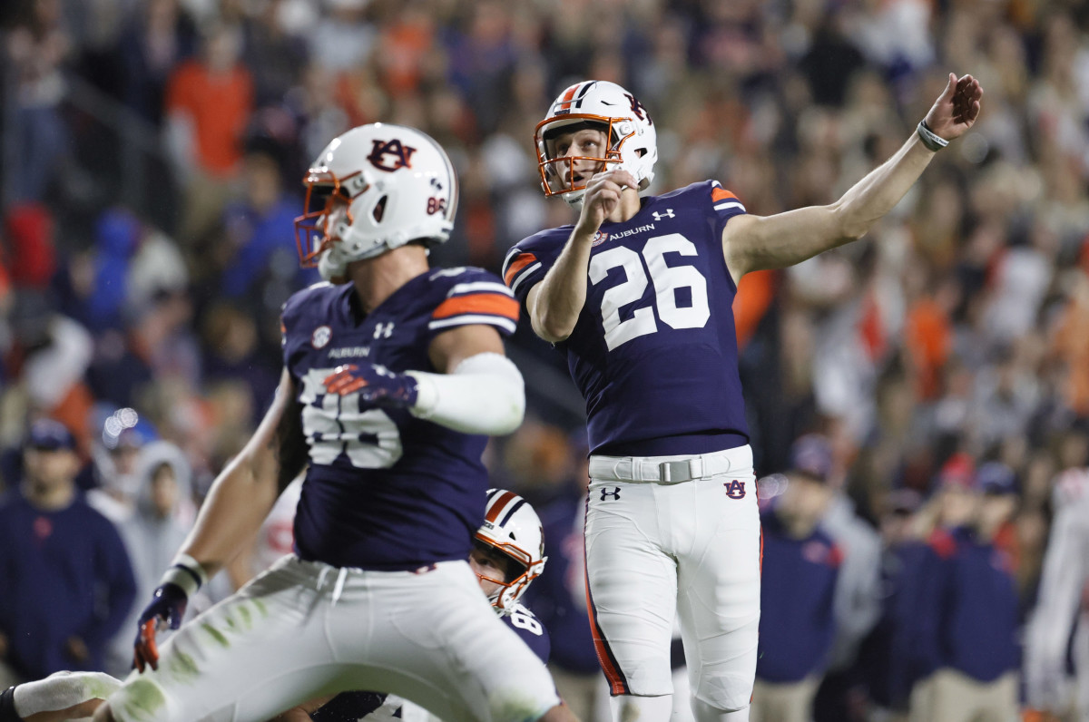 Oct 30, 2021; Auburn, Alabama, USA; Auburn Tigers place kicker Anders Carlson (26) watches a successful field goal attempt against the Mississippi Rebels during the fourth quarter at Jordan-Hare Stadium. Mandatory Credit: John Reed-USA TODAY Sports