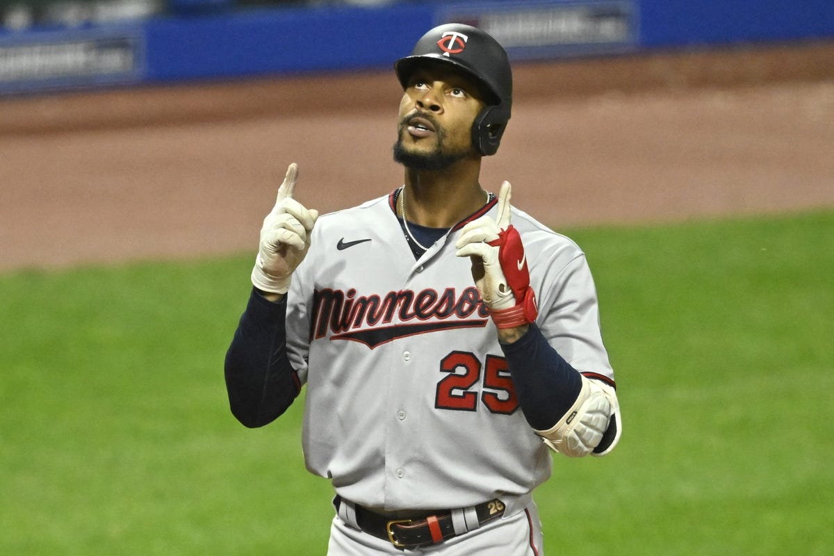 Jun 28, 2022; Cleveland, Ohio, USA; Minnesota Twins center fielder Byron Buxton (25) celebrates his solo home run in the ninth inning against the Cleveland Guardians at Progressive Field. Mandatory Credit: David Richard-USA TODAY Sports