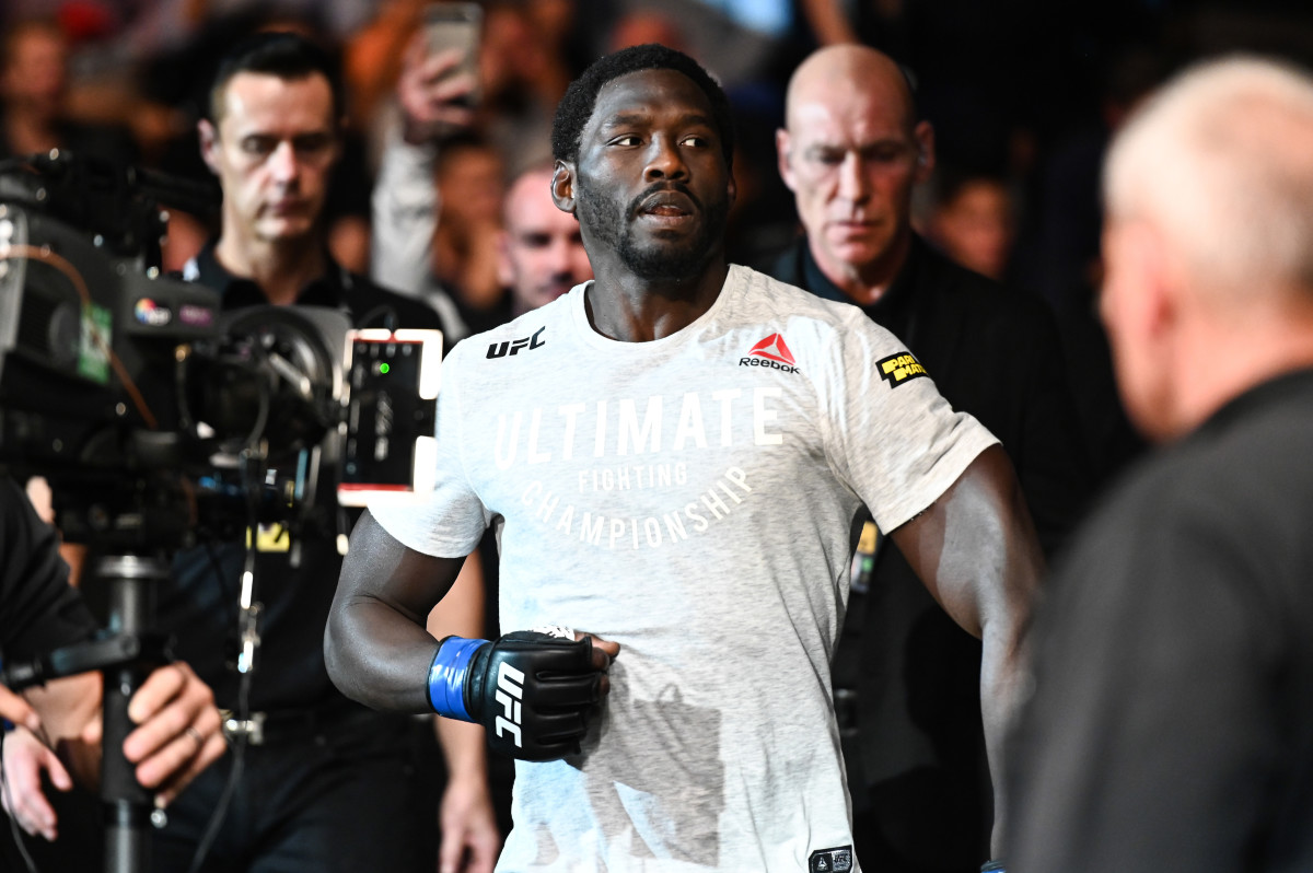 Jared Cannonier (blue gloves) makes his way to the Octagon before a bout against Jack Hermansson (not pictured) during UFC Fight Night at Royal Arena.