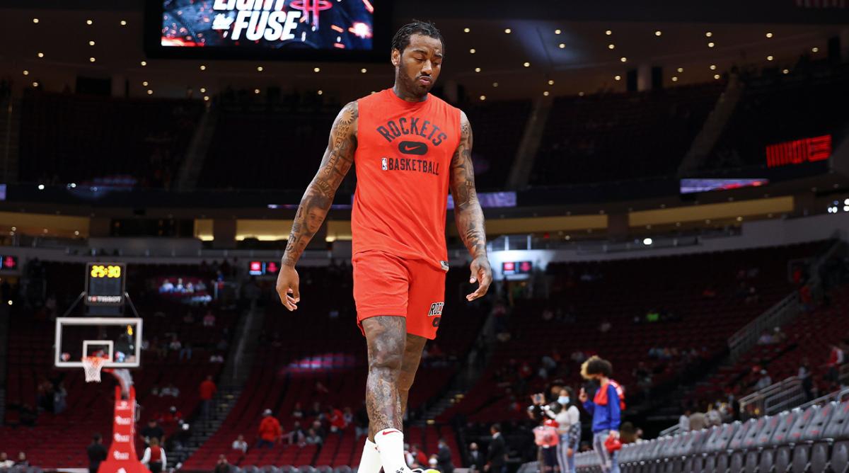 Nov 24, 2021; Houston, Texas, USA; Houston Rockets guard John Wall (1) walks on the court before the game against the Chicago Bulls at Toyota Center.
