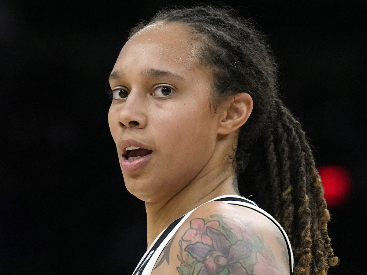 Phoenix Mercury center Brittney Griner is shown during the first half of Game 2 of basketball’s WNBA Finals against the Chicago Sky in 2021.