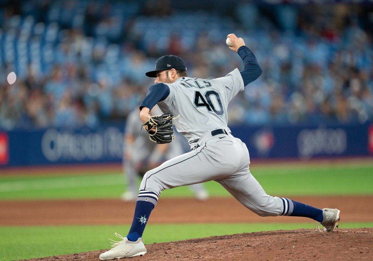 May 16, 2022; Toronto, Ontario, CAN; Seattle Mariners relief pitcher Wyatt Mills (40) throws a pitch against the Toronto Blue Jays during the seventh inning at Rogers Centre. Mandatory Credit: Nick Turchiaro-USA TODAY Sports