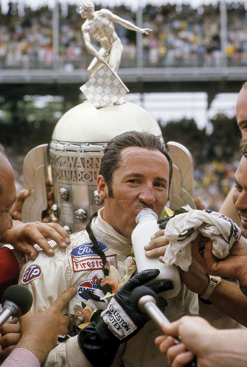 Mario Andretti drank a ceremonial victory bottle of milk after winning his only Indy 500 in 1969.
