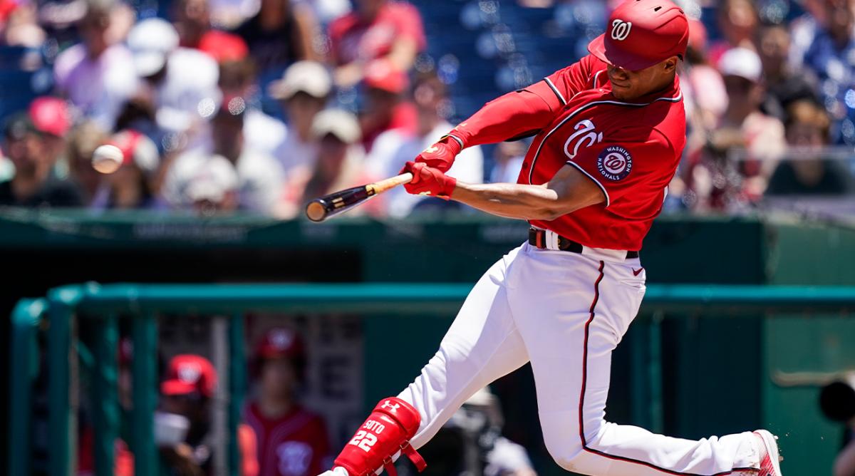 Washington Nationals’ Juan Soto hits an RBI double during the second inning of a baseball game against the Pittsburgh Pirates at Nationals Park, Wednesday, June 29, 2022, in Washington.