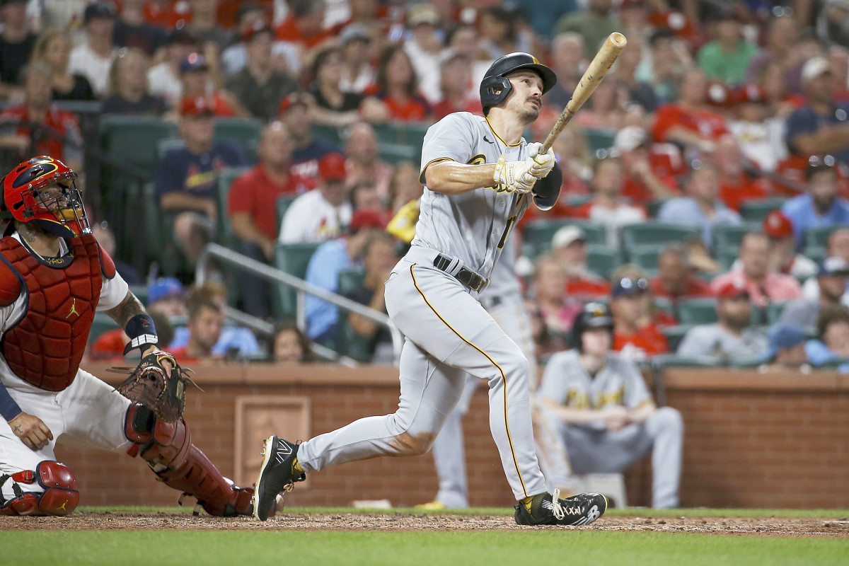 Pittsburgh Pirates’ Bryan Reynolds watches his two-run home run against the St. Louis Cardinals during the seventh inning of a baseball game Wednesday, June 15, 2022, in St. Louis.