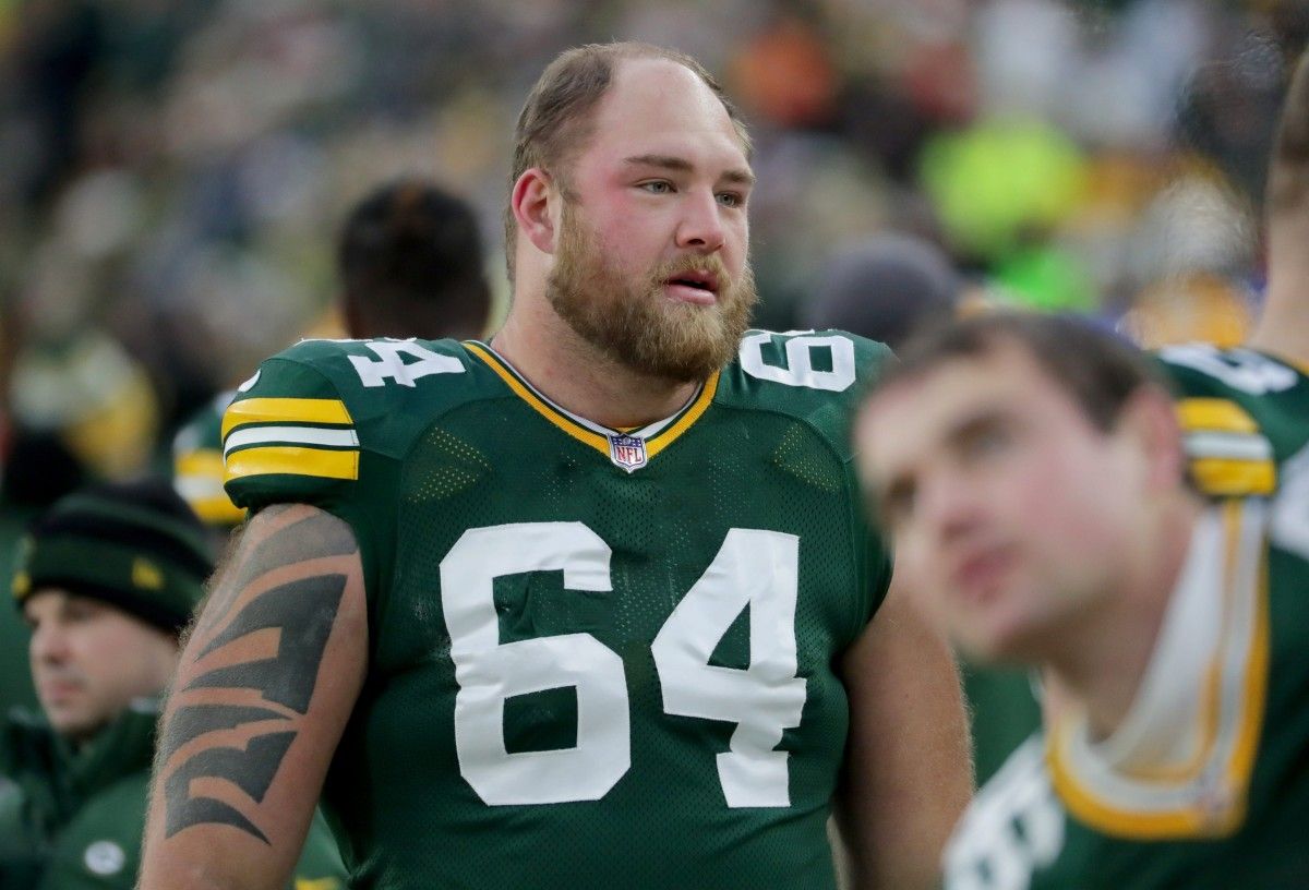 Green Bay Packers guard Ben Braden (64) is shown during the second quarter of their game Saturday, December 25, 2021 at Lambeau Field in Green Bay, Wis. The Green Bay Packers beat the Cleveland Browns 24-22.
