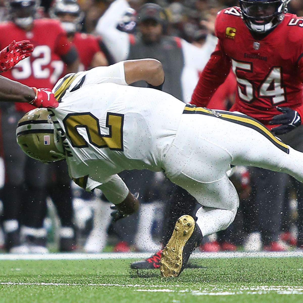 Saints QB Jameis Winston (2) suffers a season-ending knee injury during a 2021 game against Tampa Bay. Credit: Sports Illustrated 