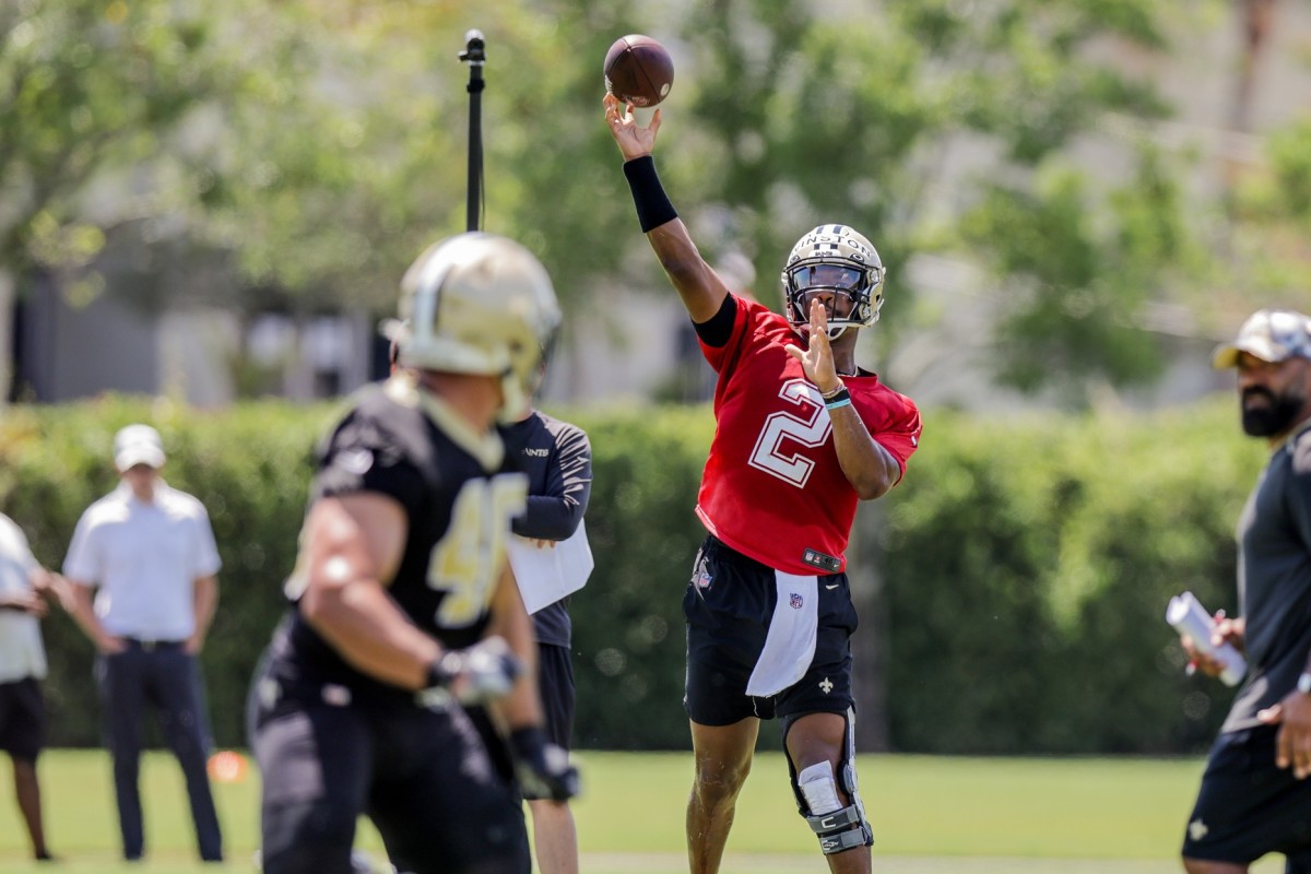 New Orleans Saints Jameis Winston (2) works on passing drills with Adam Prentice (46) during organized team activities at the Saints Training Facility. Mandatory Credit: Stephen Lew-USA TODAY Sports