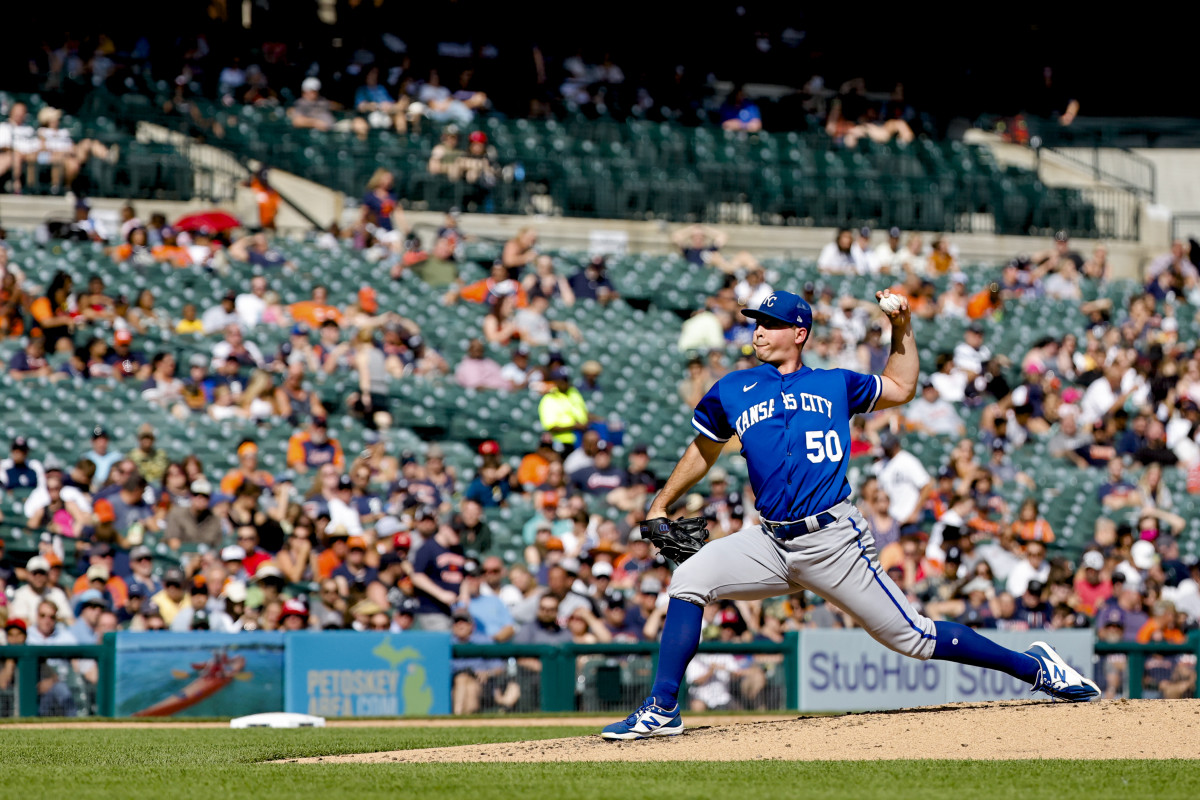 Jul 2, 2022; Detroit, Michigan, USA; Kansas City Royals starting pitcher Kris Bubic (50) pitches in the third inning against the Detroit Tigers at Comerica Park. Mandatory Credit: Rick Osentoski-USA TODAY Sports