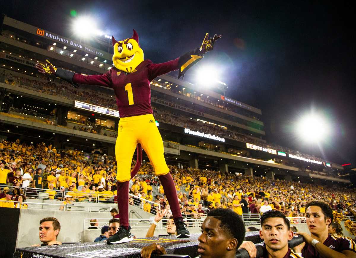 Sparky, the Arizona State University mascot, encourages the student section during second quarter action against Kent State University at Sun Devil Stadium, Thursday, August 29, 2019. Asu