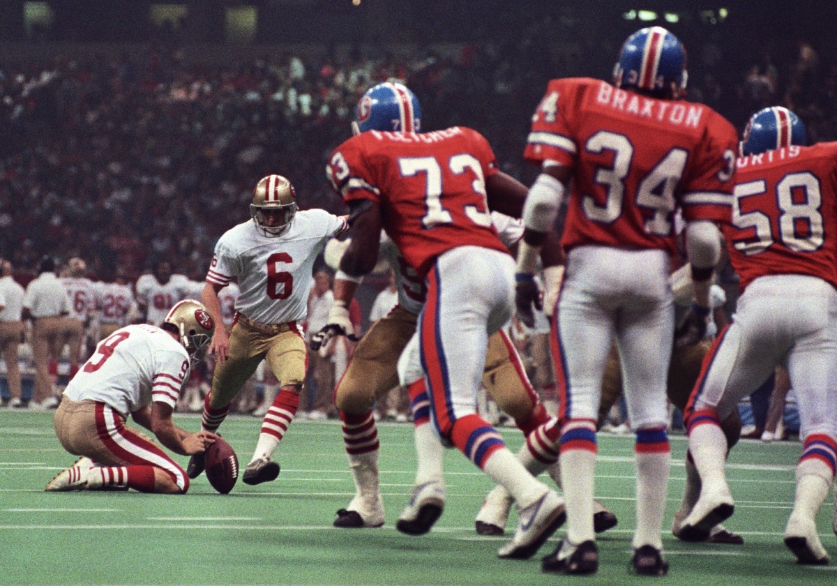 Jan 28, 1990; New Orleans, LA, FILE PHOTO; San Francisco 49ers kicker Mike Cofer (6) attempts a field goal against the Denver Broncos during Super Bowl XXIV at the Superdome. Mandatory Credit: USA TODAY Sports