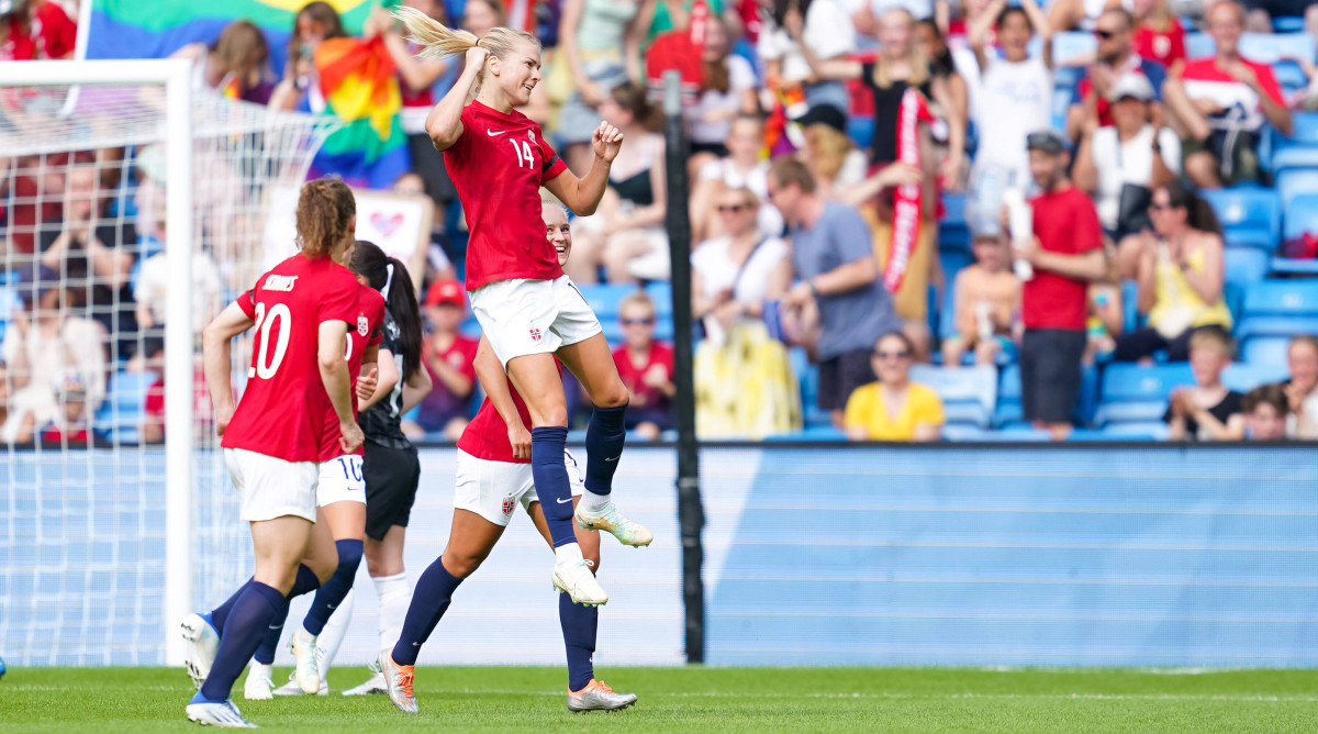 Ada Hegerberg celebrates a goal for Norway.
