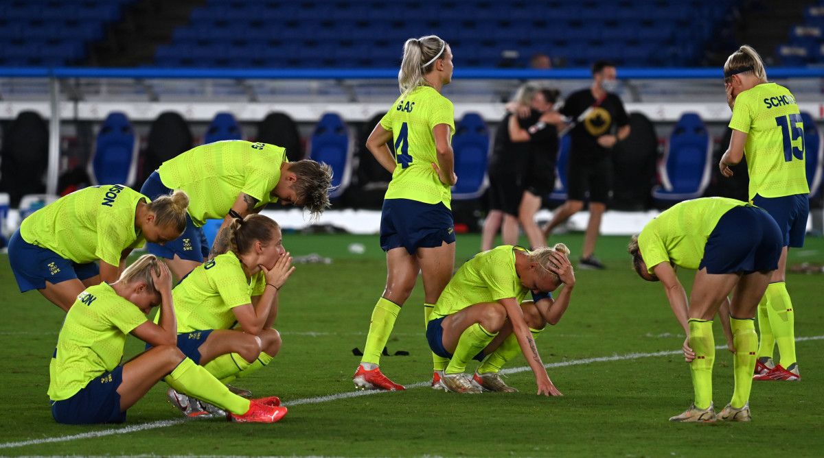 Sweden reacts after losing in the Olympic final.