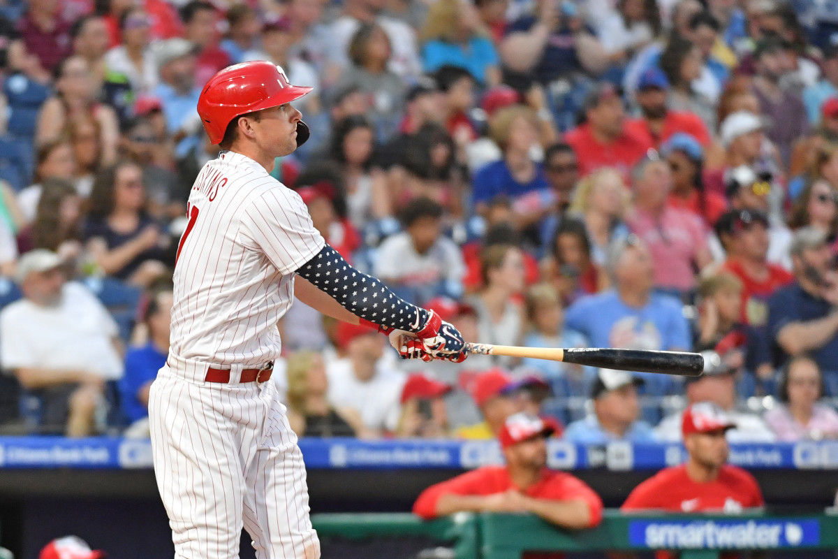 Rhys Hoskins stares at this homerun against the St. Louis Cardinals.