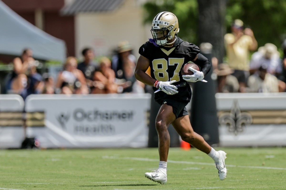Jun 14, 2022; New Orleans Saints receiver Kawaan Baker (87) during minicamp at the Saints Training Facility. Mandatory Credit: Stephen Lew-USA TODAY Sports