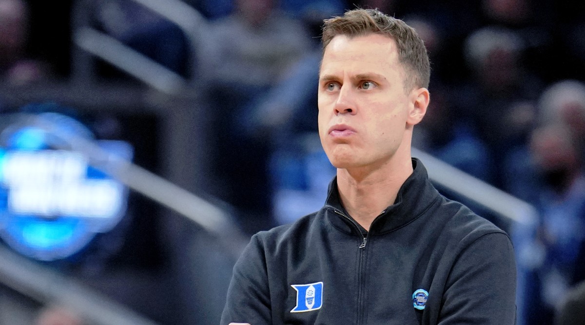 Duke coach Jon Scheyer looks on during the second half of the game against Arkansas.