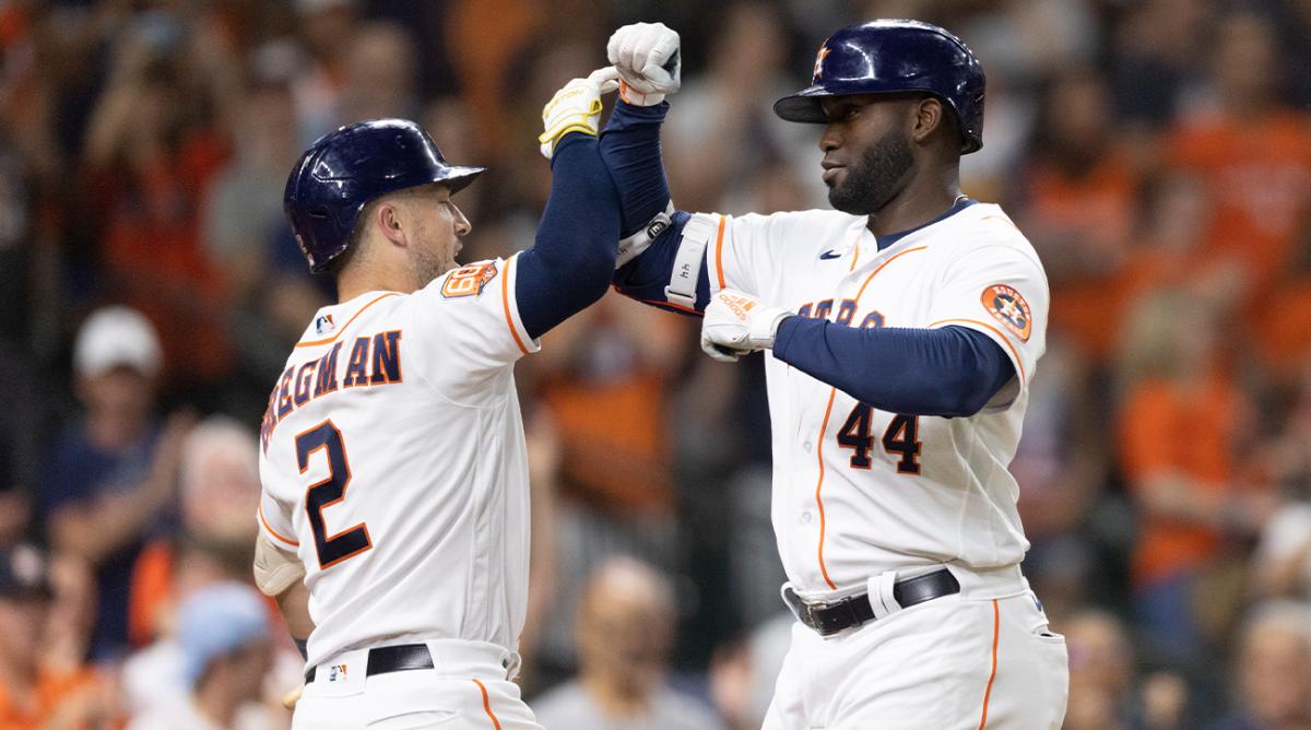 Jul 5, 2022; Houston, Texas, USA; Houston Astros third baseman Alex Bregman (2) celebrates left fielder Yordan Alvarez (44) home run the eighth inning at Minute Maid Park.