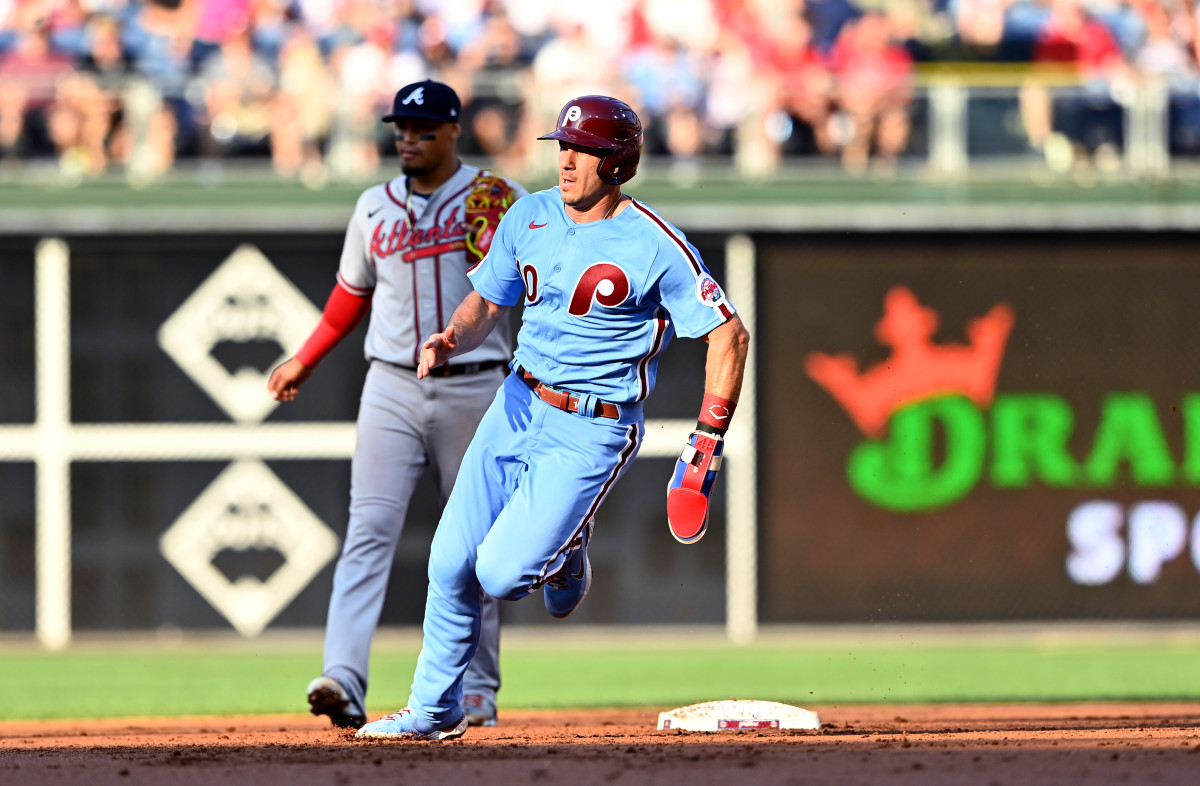 Philadelphia Phillies catcher J.T. Realmuto rounds second base during a game against the Atlanta Braves.