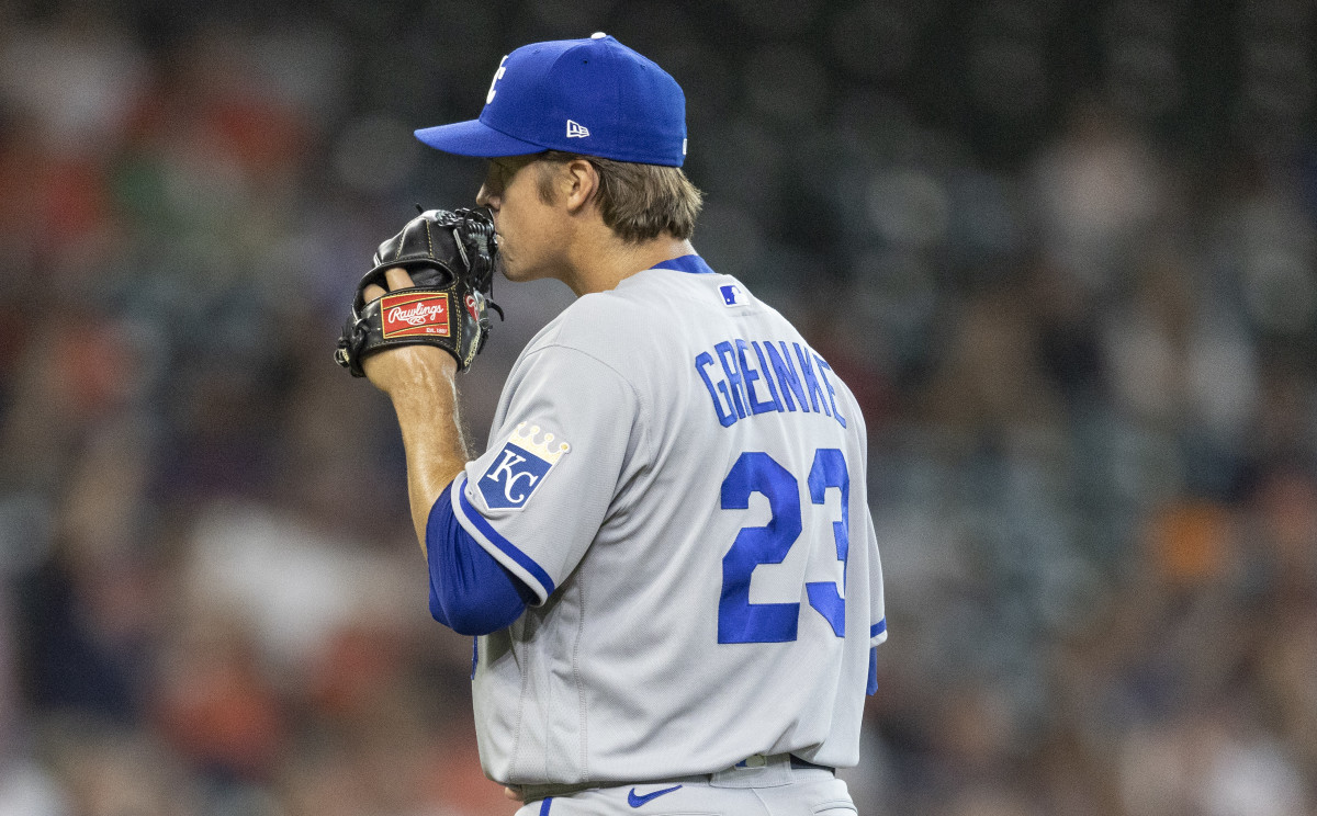 Jul 5, 2022; Houston, Texas, USA; Kansas City Royals starting pitcher Zack Greinke (23) pitches against the Houston Astros in the first inning at Minute Maid Park. Mandatory Credit: Thomas Shea-USA TODAY Sports