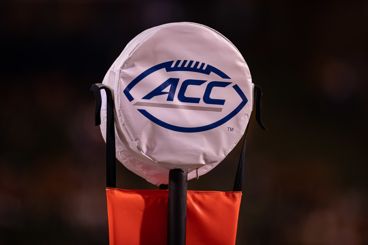 A detailed view of the ACC logo on the down marker used during the game between William & Mary Tribe and the Virginia Cavaliers at Scott Stadium.