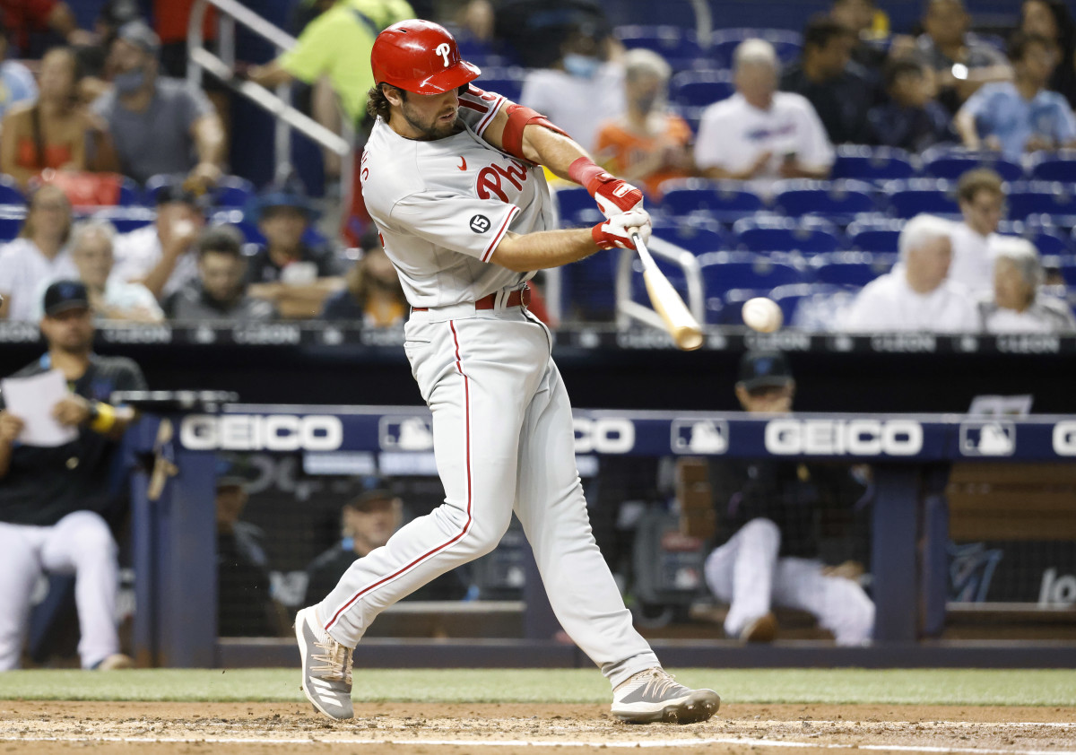 Matt Vierling stands tall at the plate as he rips a triple at loanDepot Park in Miami.