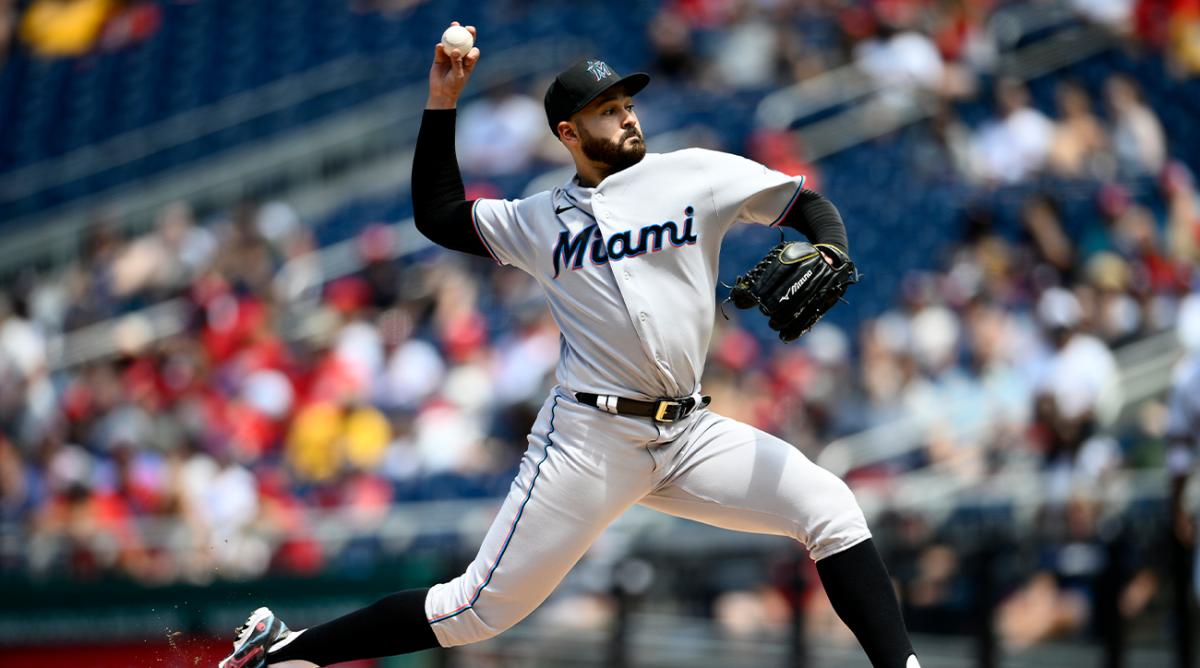 Miami Marlins starting pitcher Pablo Lopez throws during the third inning of a baseball game against the Washington Nationals, Sunday, July 3, 2022, in Washington.