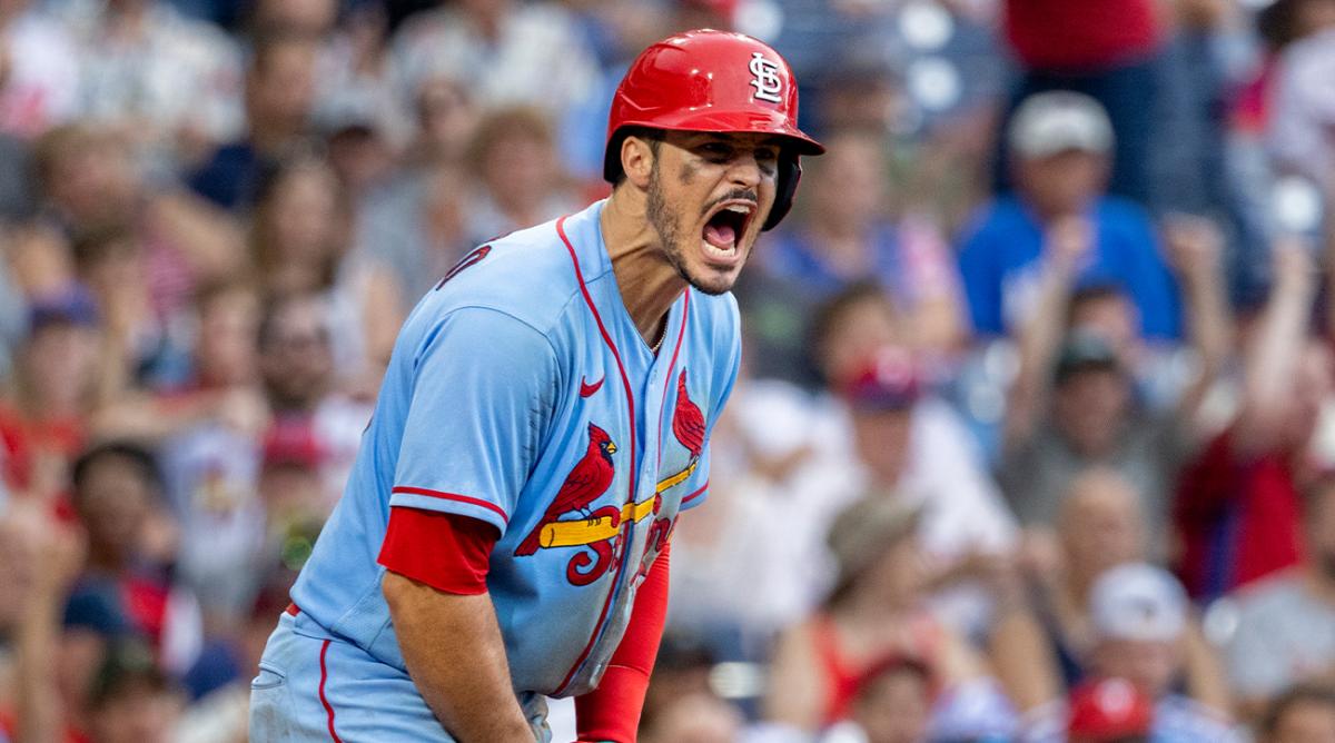 St. Louis Cardinals’ Nolan Arenado reacts after striking out during the sixth inning of the team’s baseball game against the Philadelphia Phillies, Saturday, July 2, 2022, in Philadelphia.