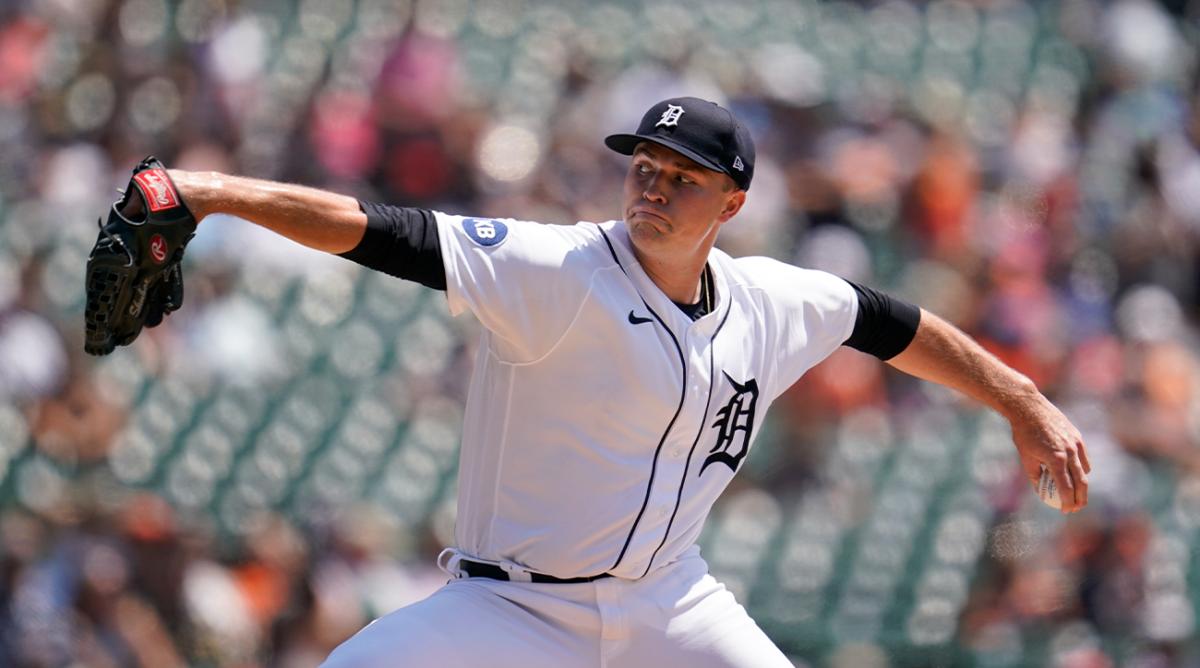 Detroit Tigers pitcher Tarik Skubal throws against the Kansas City Royals in the second inning of a baseball game in Detroit, Sunday, July 3, 2022.