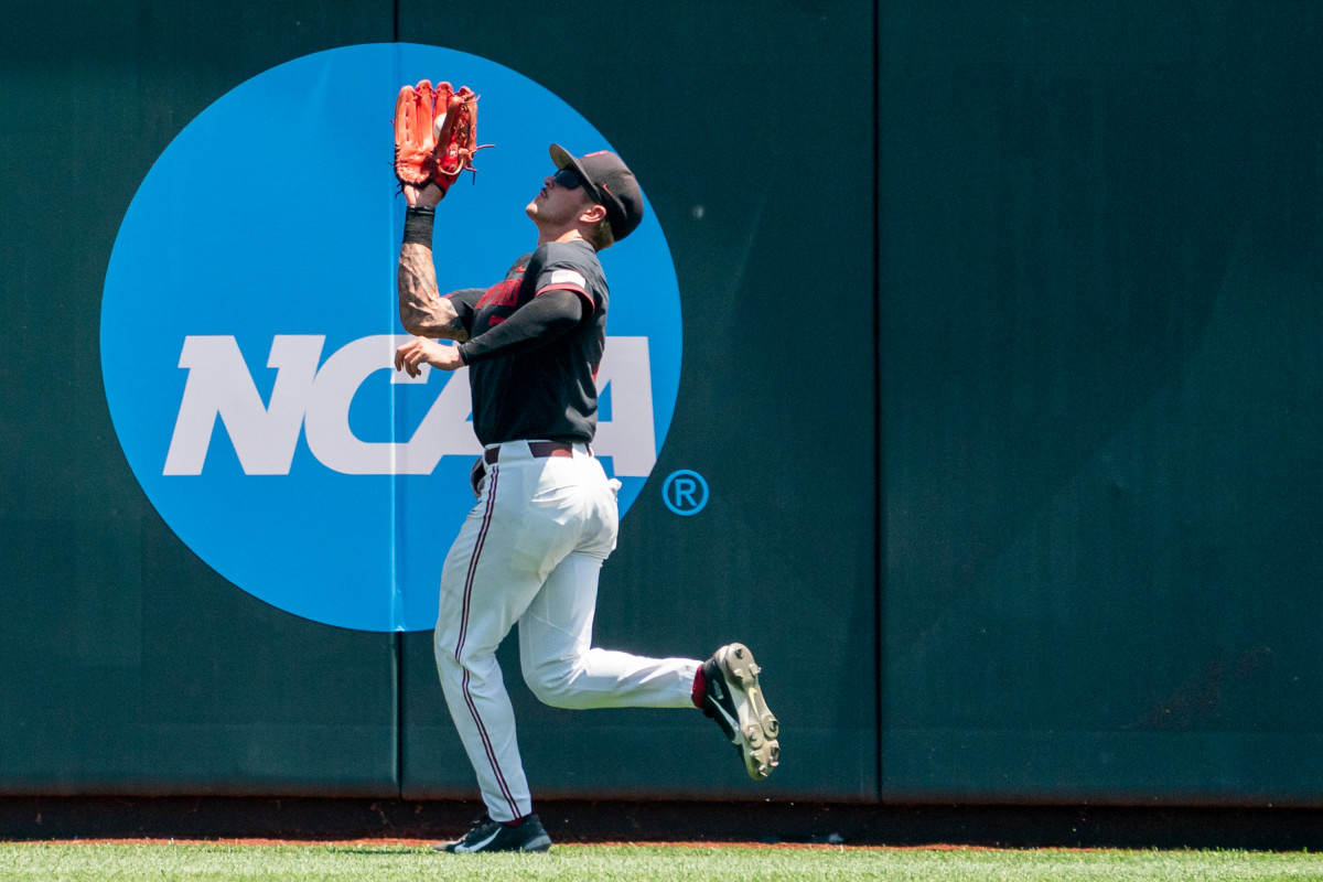 Stanford Cardinal center fielder Brock Jones (7) makes a catch against the Auburn Tigers during the third inning at Charles Schwab Field.
