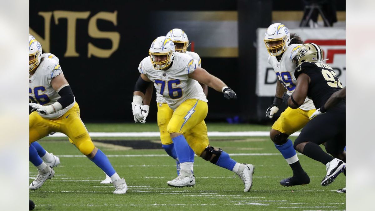 Former Chargers G Forrest Lamp (76) against the New Orleans Saints during a 2020 game. Credit: neworleanssaints.com 