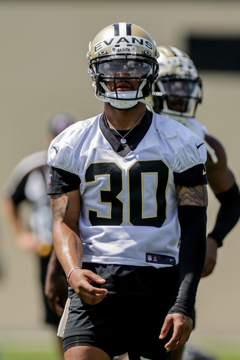 Jun 14, 2022; New Orleans Saints safety Justin Evans (30) during minicamp at the Saints Training Facility. Mandatory Credit: Stephen Lew-USA TODAY Sports