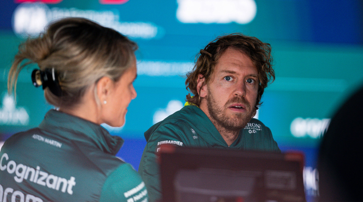 Sebastian Vettel of Aston Martin F1 Team talks to the media during preparations of the 2022 FIA Formula 1 Austrian Grand Prix at the Red Bull Ring in Spielberg, Austria.