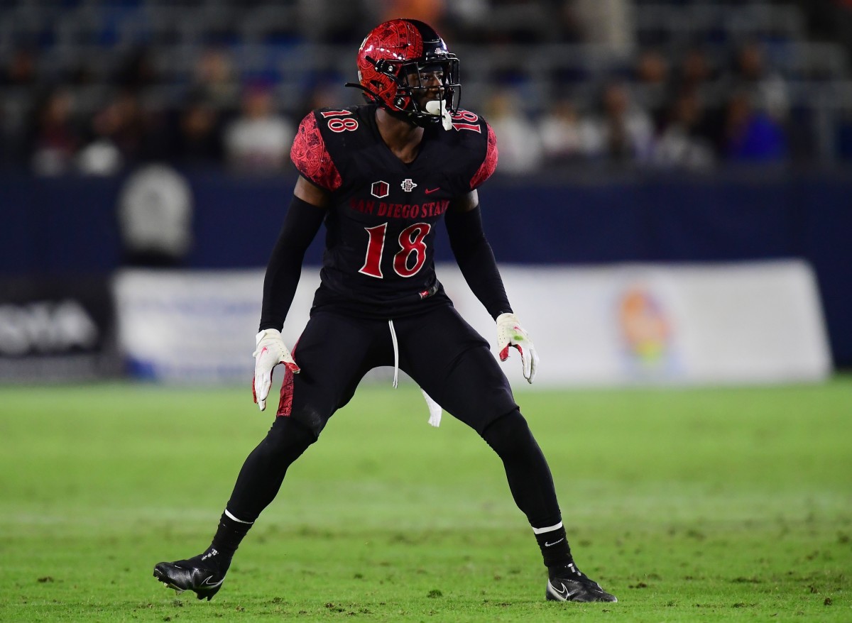 Oct 9, 2021; Carson, California, USA; San Diego State Aztecs safety Trenton Thompson (18) in position on defense against the New Mexico Lobos during the second half at Dignity Health Sports Park.
