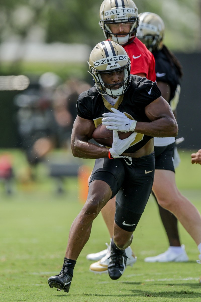 New Orleans Saints running back Devine Ozigbo (28) during minicamp at the Saints Training Facility. Mandatory Credit: Stephen Lew-USA TODAY 