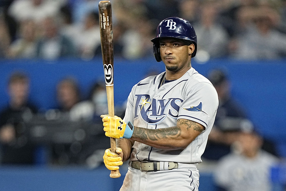 Jun 30, 2022; Toronto, Ontario, CAN; Tampa Bay Rays shortstop Wander Franco (5) looks at his bat during during the seventh inning against the Toronto Blue Jays at Rogers Centre.