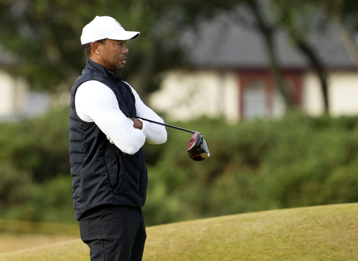 Tiger Woods plays a practice round for the 150th Open Championship golf tournament at St. Andrews Old Course.