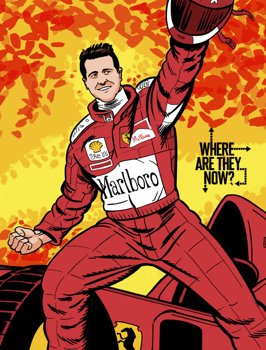 Illustration of Schumacher triumphantly standing in front of his car.