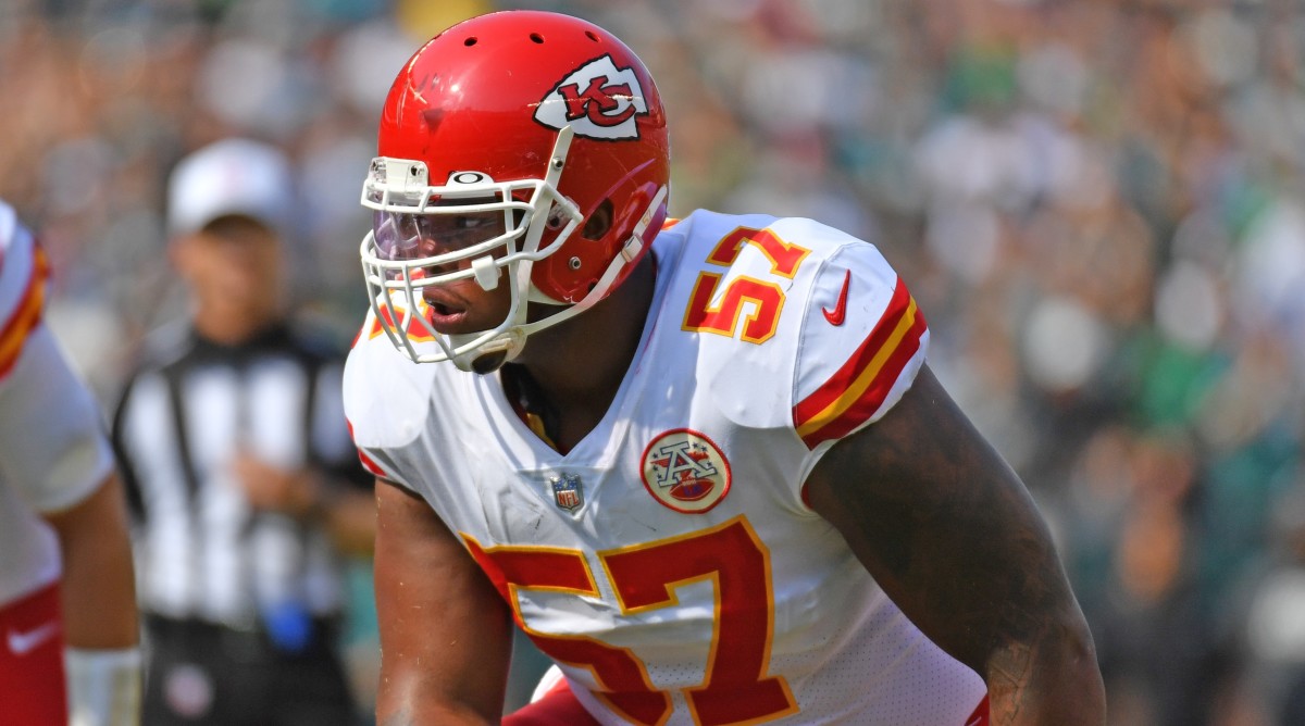 Chiefs offensive tackle Orlando Brown (57) lines up for a snap in a game against the Eagles.