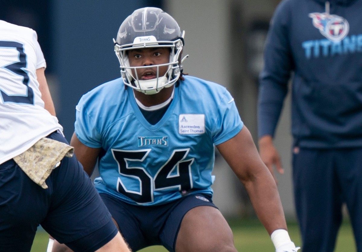 Tennessee Titans tight end Ryan Izzo (83) tries to get past outside linebacker David Anenih (54) during practice at Saint Thomas Sports Park Tuesday, May 24, 2022, in Nashville, Tenn.