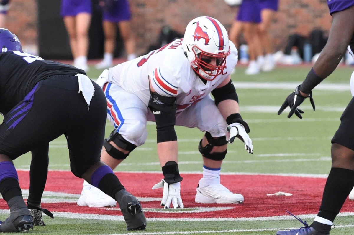 SMU offensive lineman Hayden Howerton (75) awaits the snap during Saturday's game against ACU at Gerald J. Ford Stadium in Dallas on Sept. 4, 2021.