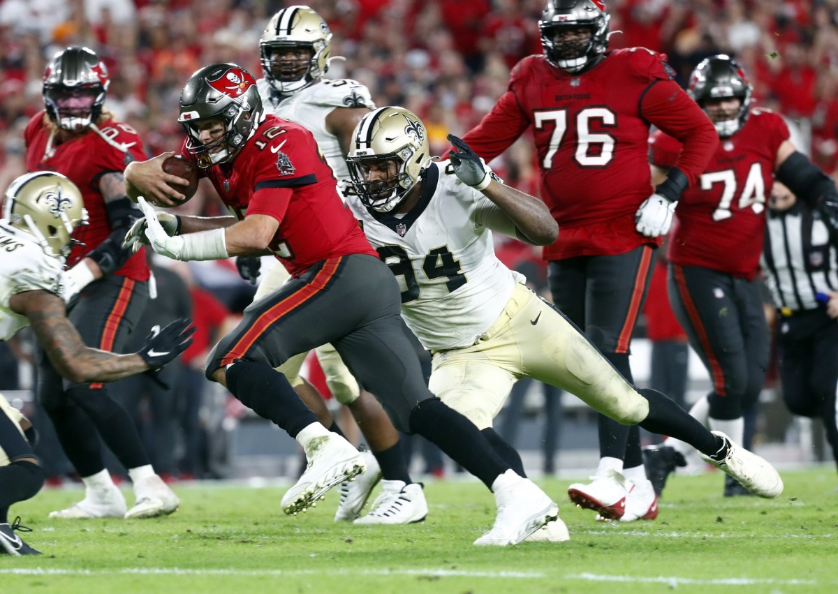 New Orleans Saints defensive end Cameron Jordan (94) sacks Tampa Bay Buccaneers quarterback Tom Brady (12) and forces him to fumble the ball. Mandatory Credit: Kim Klement-USA TODAY Sports