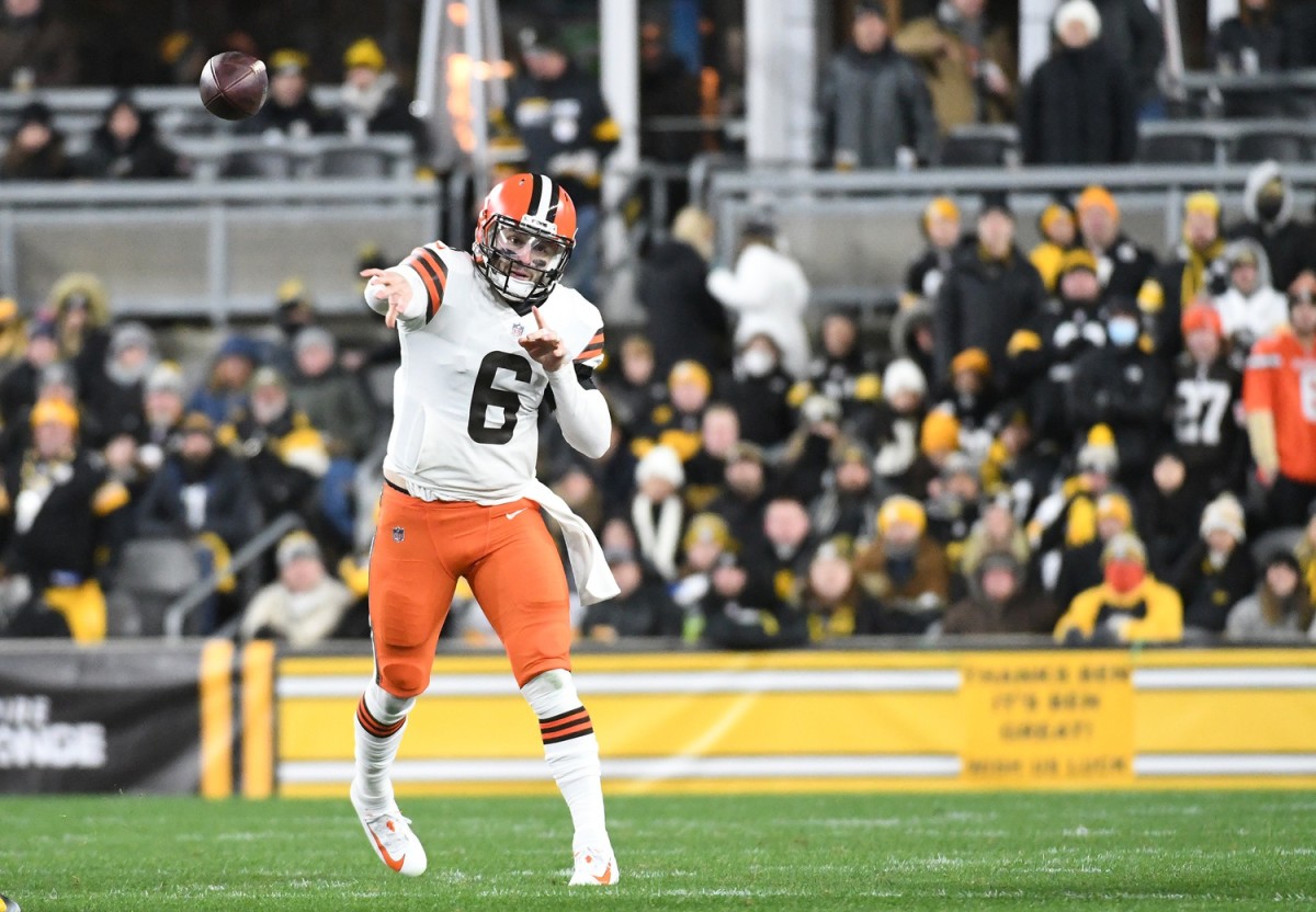 Jan 3, 2022; Cleveland Browns quarterback Baker Mayfield (6) throws a pass against the Pittsburgh Steelers. Mandatory Credit: Philip G. Pavely-USA TODAY Sports
