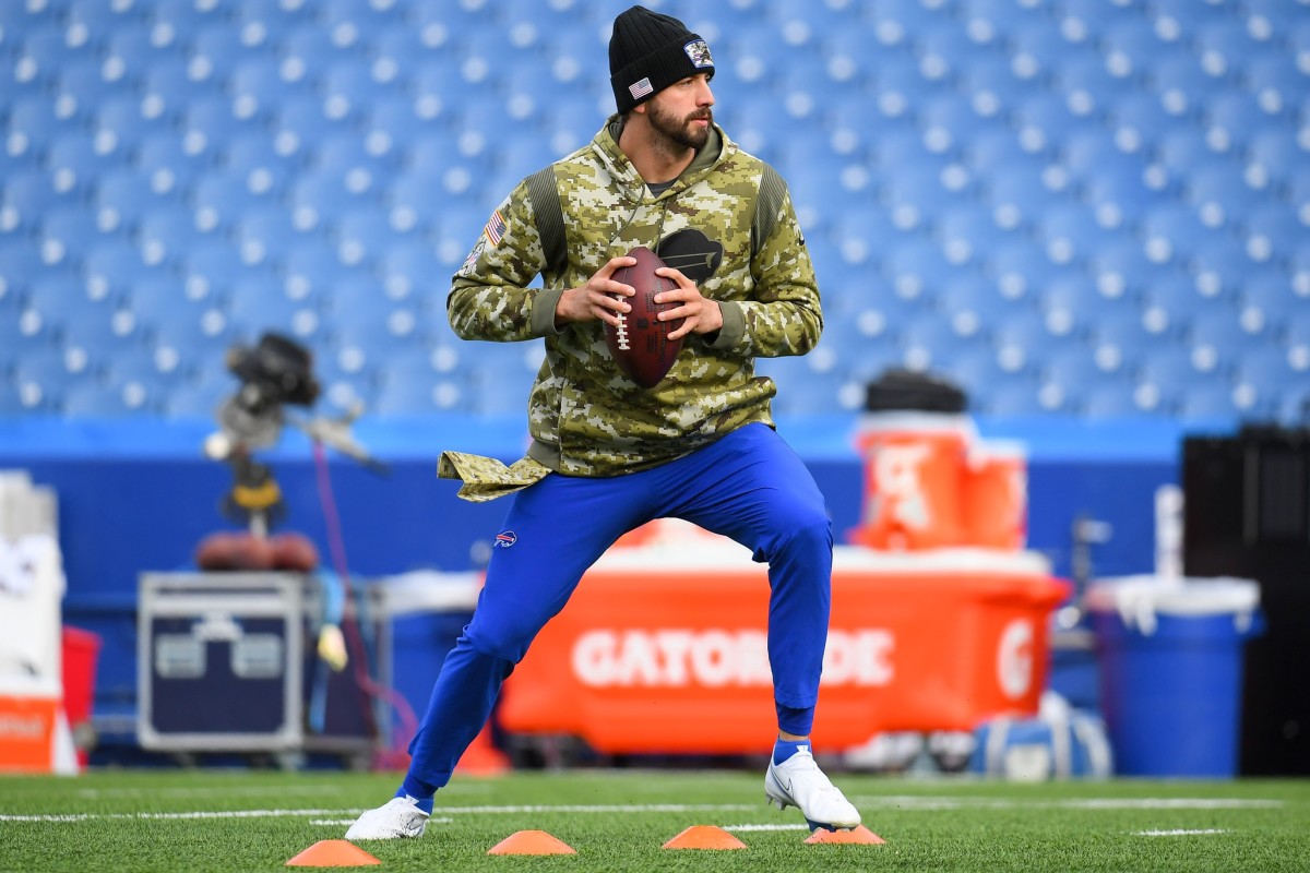 Nov 21, 2021; Orchard Park, New York, USA; Buffalo Bills quarterback Davis Webb (7) warms up prior to the game against the Indianapolis Colts at Highmark Stadium.