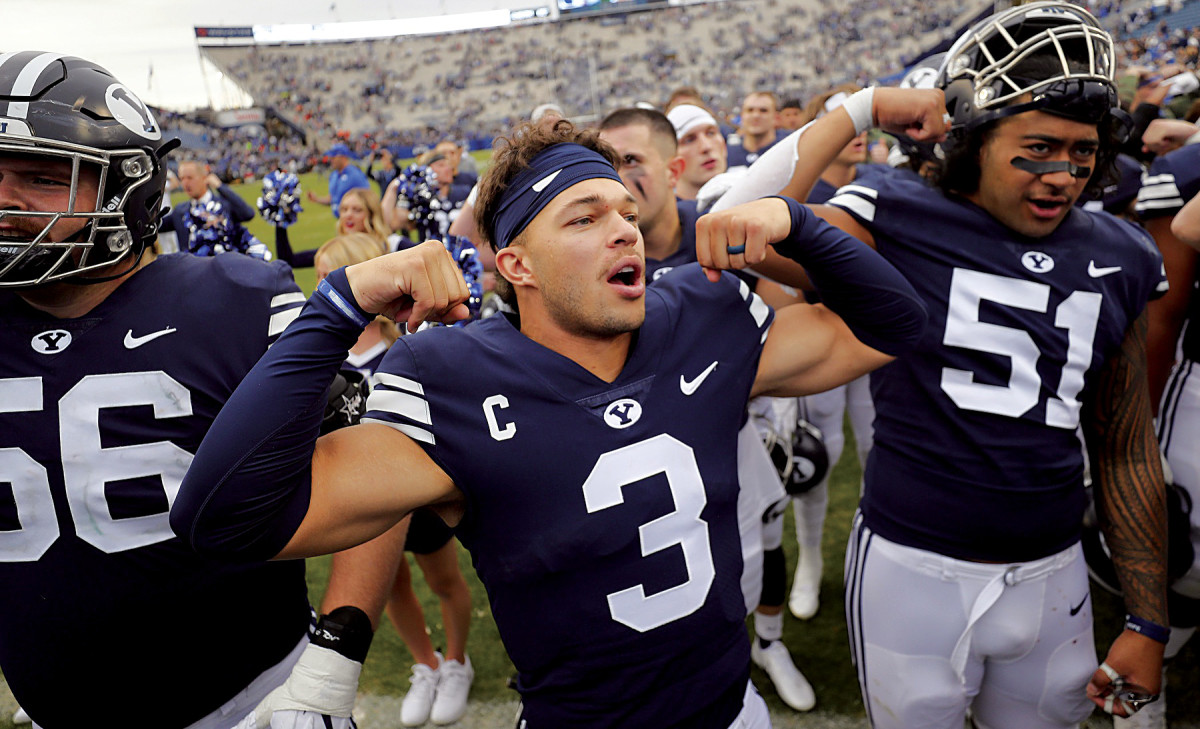 Brigham Young Cougars quarterback Jaren Hall (3) celebrates their victory against the Idaho State Bengals with his teammates at LaVell Edwards Stadium.