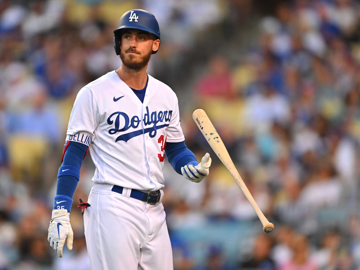 Jul 8, 2022; Los Angeles, California, USA;  Los Angeles Dodgers center fielder Cody Bellinger (35) reacts as he walks back to the dugout after striking out with bases loaded in the second inning against the Chicago Cubs at Dodger Stadium.