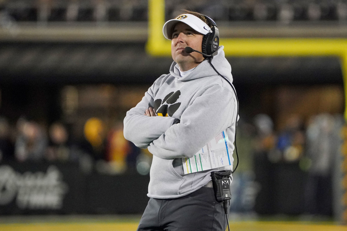 Nov 13, 2021; Columbia, Missouri, USA; Missouri Tigers head coach Eli Drinkwitz watches the reply board against the South Carolina Gamecocks during the game at Faurot Field at Memorial Stadium. Mandatory Credit: Denny Medley-USA TODAY Sports