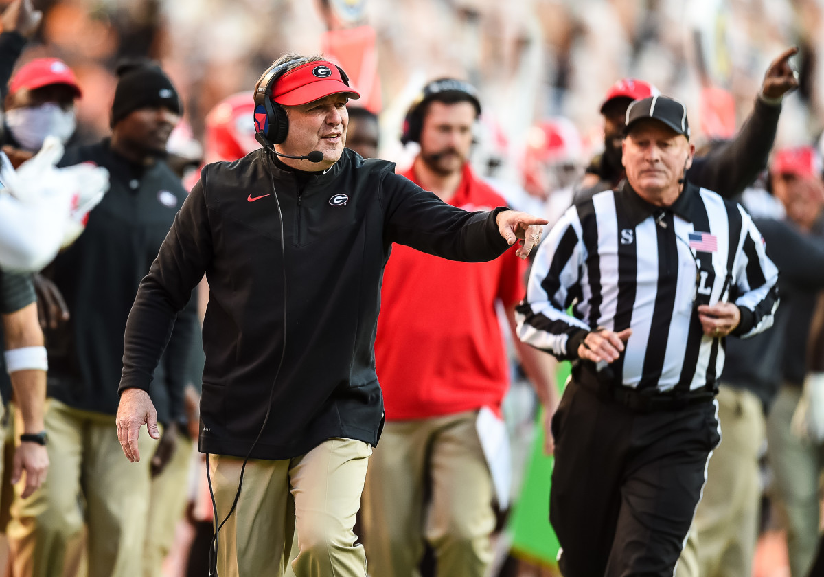 Nov 13, 2021; Knoxville, Tennessee, USA; Georgia Bulldogs head coach Kirby Smart coaching during the first half against the Georgia Bulldogs at Neyland Stadium. Mandatory Credit: Bryan Lynn-USA TODAY Sports