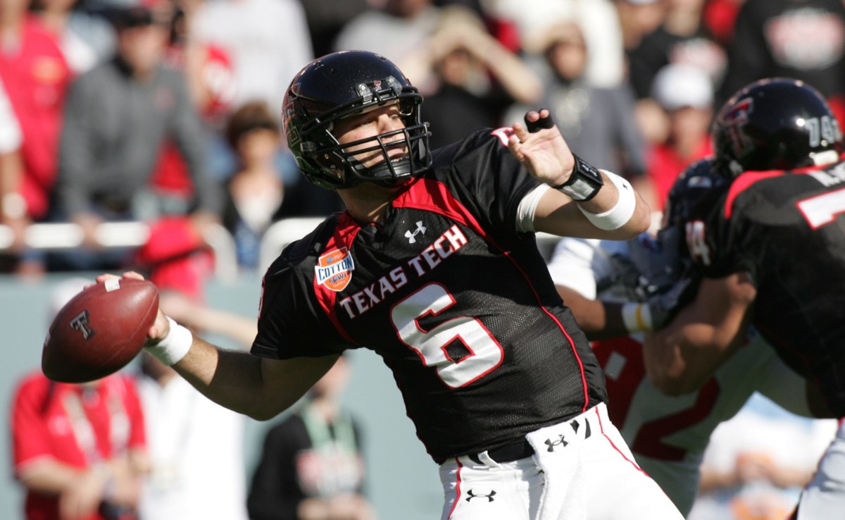 Jan 02, 2009; Dallas, TX, USA; Texas Tech Red Raiders quarterback Graham Harrell (6) throws a pass against the Mississippi Rebels during the 2009 Cotton Bowl Classic at the Cotton Bowl.
