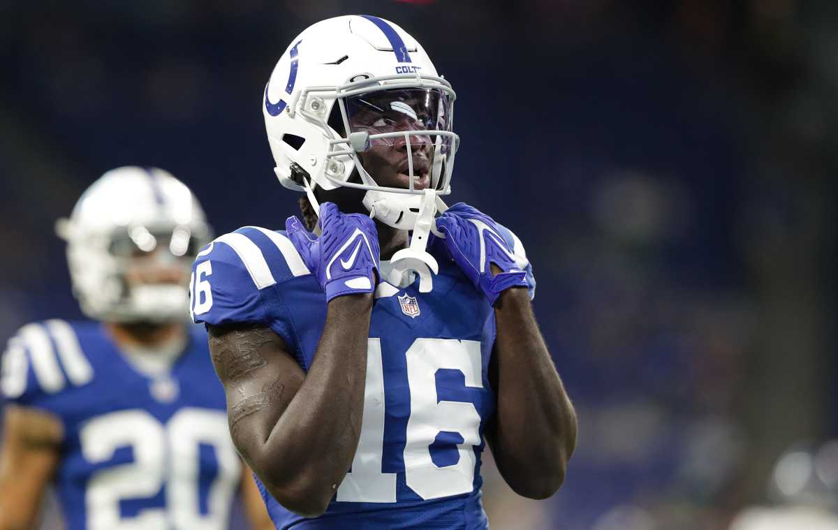 Indianapolis Colts wide receiver Ashton Dulin (16) warms up Sunday, Sept. 12, 2021, before the regular season opener against the Seattle Seahawks at Lucas Oil Stadium in Indianapolis.